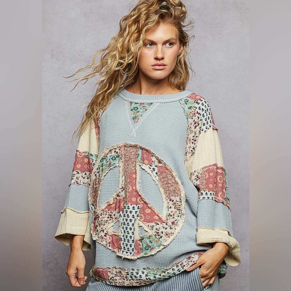 POL Peace Sign Patchwork Knit Sweater